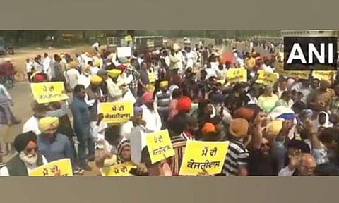 Aam Aadmi Party workers holding protest against the arrest of Delhi CM Arvind Kejriwal, in Punjab's Mohali. (ANI)