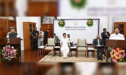 K Ponmudy sworn-in as Minister and Guv Ravi administered the oath of secrecy in the presence of CM Stalin (File photo)