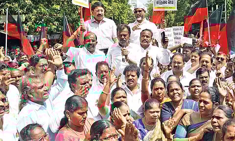 DMK workers, led by Lok Sabha member Dayanidhi Maran, protest in Chennai against the arrest of Delhi Chief Minister Arvind Kejriwal by the Directorate of Enforcement