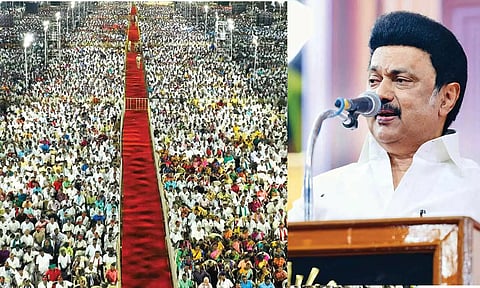 DMK president and Chief Minister MK Stalin addressing a mammoth election meeting in Tiruvarur on Saturday
