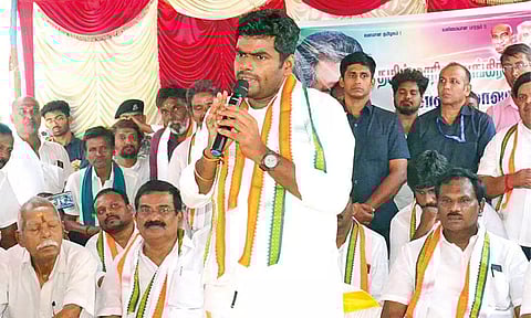 BJP leader K Annamalai addressing party cadre in Coimbatore on Sunday