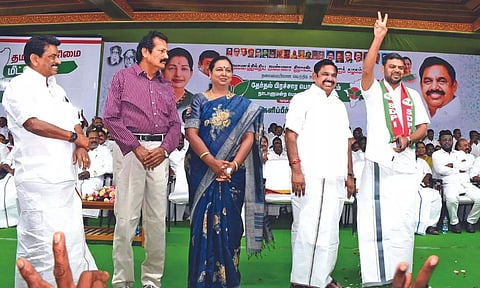 AIADMK general secretary Edappadi K Palaniswami with alliance leaders at the mega meeting to introduce party’s alliance candidates in Tiruchy on Sunday