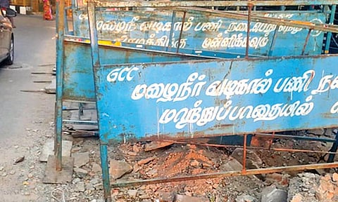 Barricades continue to occupy most of the Pillaiyar Koil Street in Arumbakkam despite completion of SWD works