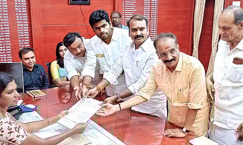 L Murugan, BJP candidate for the Nilgiris Lok Sabha constituency files nomination on Monday