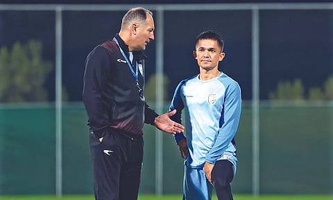Sunil Chhetri (R) will be playing his 150th international game on Tuesday