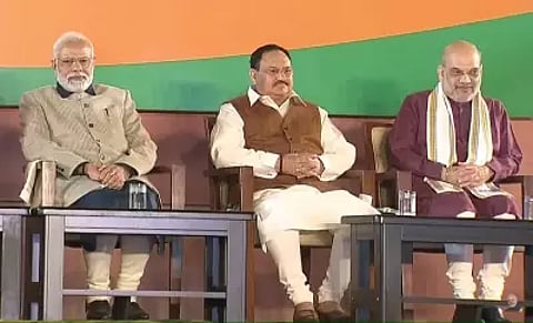 Prime Minister Narendra Modi, BJP National President J.P. Nadda, Union Home Minister Amit Shah