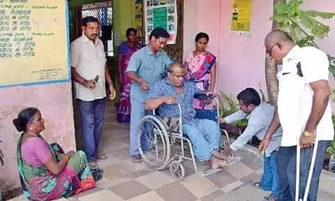 A disabled person coming out of a polling booth on wheelchair (Photo: Twitter)