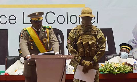 Colonel Assimi Goita, leader of two military coups and new interim president, speaks during his inauguration ceremony. (Reuters)