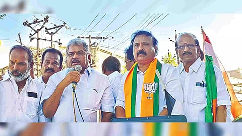 TMC leader GK Vasan campaigning for BJP candidate Raama Sreenivasan in Madurai on Monday