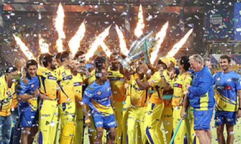 CSK lifting the CL T20 trophy (IANS)