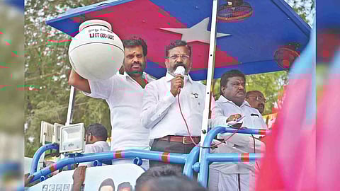 VCK Chief Thirumavalavan campaigning in Ariyalur on Tuesday