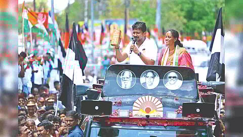 Minister Udhayanidhi campaigning for Karur Congress candidate S Jothimani