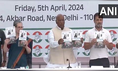 Congress president Mallikarjun Kharge, Sonia Gandhi, Rahul Gandhi unveils manifesto (ANI)