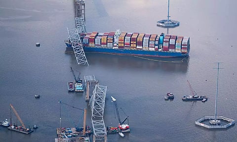View of the Dali cargo vessel which crashed into the Francis Scott Key Bridge causing it to collapse in Baltimore