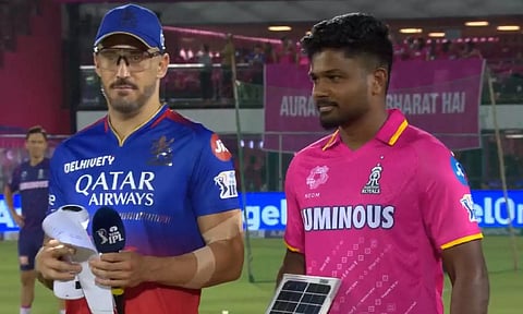 Faf du Plessis and Sanju Samson during the toss 