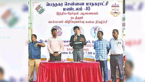 GCC Commissioner J Radhakrishnan at an election awareness campaign in Panagal Park on Saturday