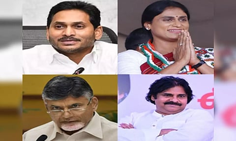 (L-R) Jagan Mohan Reddy, Sharmila Reddy, Chandrababu Naidu, Pawan Kalyan (IANS)