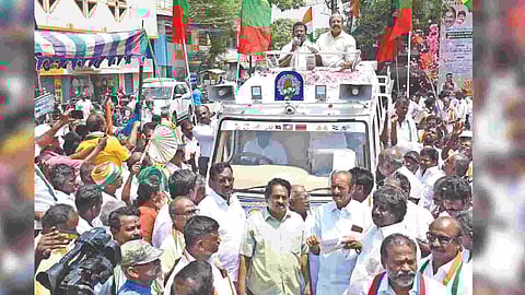 K Selvaperunthagai at an election campaign in Tiruchy on Wednesday