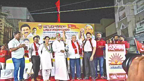 CPM general secretary Sitaram Yechury canvassing for DMK Chennai central candidate Dayanidhi Maran on Thursday