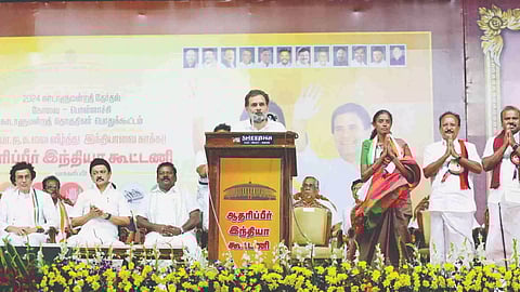 Congress leader Rahul Gandhi introducing party candidates to public in the presence of Chief Minister MK Stalin in Coimbatore on Friday