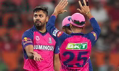 Avesh Khan celebrates after a wicket (PTI)