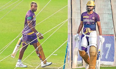 Andre Russell during a training session; Kolkata Knight Riders captain Shreyas Iyer