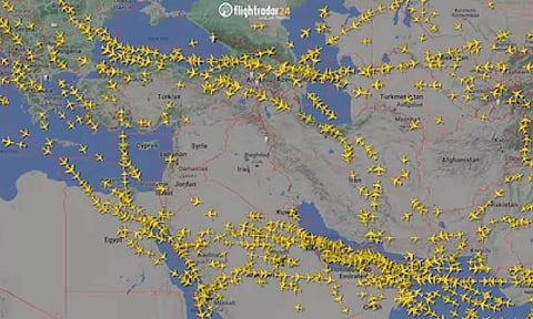 A graphical representation of air traffic shows airspace over Iran and the neighbouring Middle East 