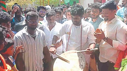 BJP state president K Annamalai beating drums while campaigning to seek votes in Coimbatore on Sunday