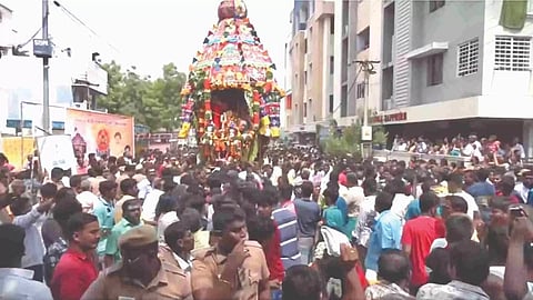 Devotees pull car of Vekkali Amman temple on Sunday
