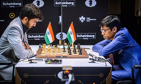 Indian GM D Gukesh during his round 9 match against compatriot GM R Praggnanandhaa at the FIDE Candidates 2024 chess tournament. (PTI)