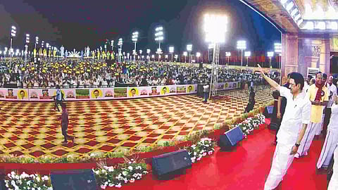 Chief Minister MK Stalin waves at the crowd during a public meeting in Sriperumbudur on Tuesday