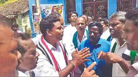 Protesting sugarcane farmers in an argument with the Mayiladuthurai AIADMK candidate P Babu