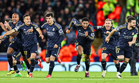Real Madrid players after winning the penalty shootout against Manchester City (IANS)