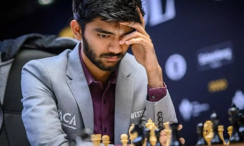 Grandmaster D. Gukesh of India during the Round 11 match against Grandmaster Fabiano Caruana of USA at the FIDE Candidates 2024 chess tournament (PTI)