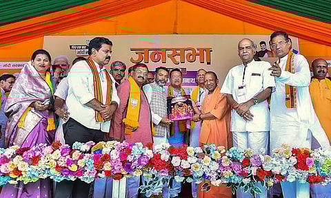 UP Chief Minister Yogi Adityanath addresses a public meeting for Lok Sabha elections, in Rajnandgaon district (PTI)