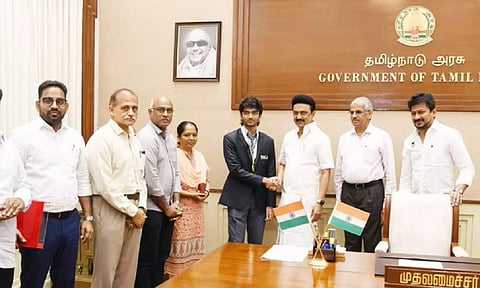 Chief Minister M K Stalin with D Gukesh (Photo-X:@mkstalin)