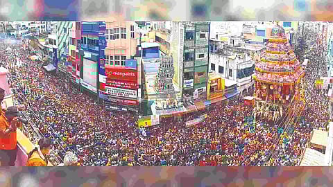 Sea of devotees on Masi streets in Madurai to witness the Chithirai car festival on Monday