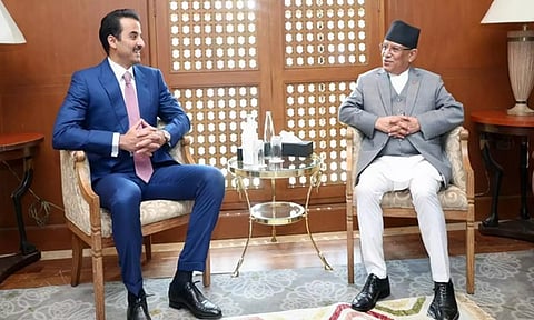 Nepali PM Pushpa Kamal Dahal with Amir of Qatar Sheikh Tamim bin Hamad Al-Thani (ANI)