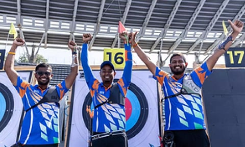 Indian men's recurve team of Dhiraj Bommadevara, Tarundeep Rai, and Pravin Ramesh Jadhav (IANS)