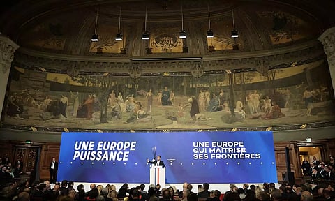 French President Emmanuel Macron delivers a speech at Sorbonne University in Paris, France (Reuters)