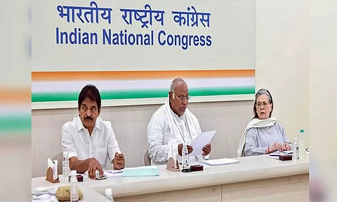 Congres leader KC Venugopal, party president Mallikarjun Kharge and Sonia Gandhi (ANI)