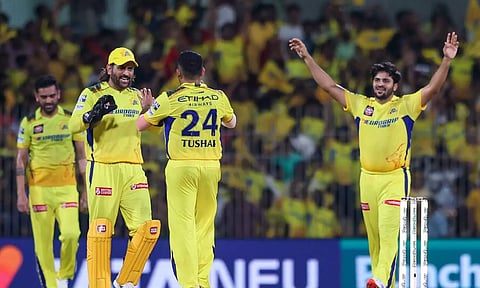 Tushar Deshpande celebrates with his teammates after a wicket (Photo: Hemanathan M)