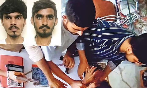 A CCTV grab of four accused assaulting and threatening the owner of the jewellery shop with guns; Dinesh Kumar, Shetanaram (top left)