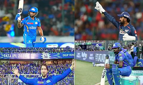 (L-R) Tilak Verma MI, KL Rahul LSG, Tim David MI, Hardik Pandya MI (ANI)