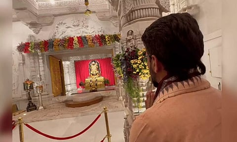 Assistant priest Pradeep Das welcomes Anurag Thakur at Ram temple, Ayodhya (ANI)