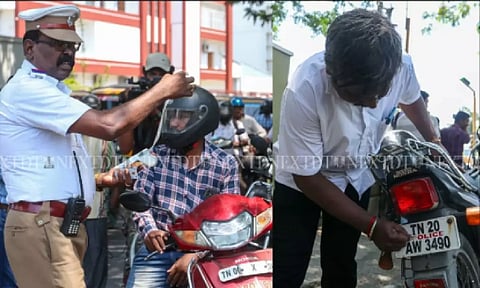 The GCTP is imposing fines on motorists with unauthorized stickers on vehicles at Egmore (Photo: Hemanathan M)