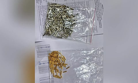 AIU sleuths in Tiruchy on Friday wee hours seized gold worth Rs 16.17 lakh in the form of small nails
