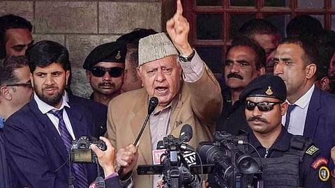 National Conference President Farooq Abdullah during the nomination filing rally of party candidate Aga Syed Ruhullah Mehdi for Lok Sabha elections, in Srinagar 