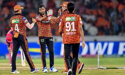 T Natarajan celebrates after a wicket (PTI)