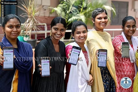 Students celebrate their class 12 state board results with their teachers at Govt Girls High School, Ashok Nagar (Photo: Manivasagan)